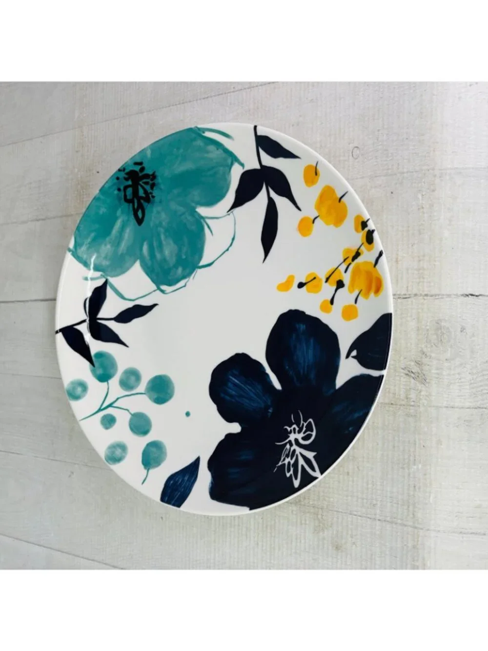 Baum Brothers BELLA FLORAL Indigo Turquoise Yellow Floral Dinner Plates Set of 4
